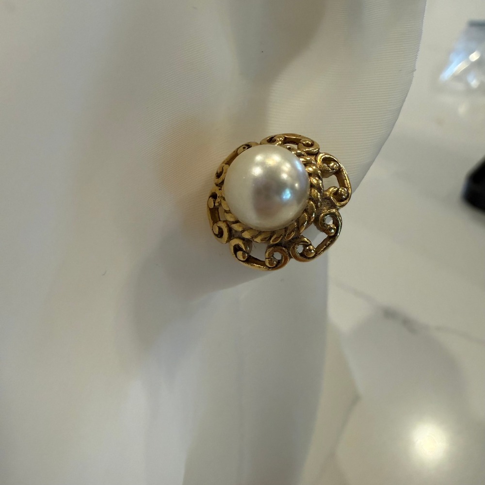 Victorian Revival Romantic Faux Pearl Gold Tone Filigree Pierced Stud Earrings